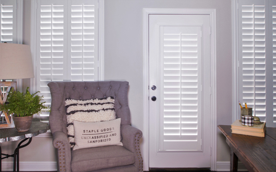 Interior shutters are beautiful and durable window treatments for glass doors in San Antonio. Polywood shutters on a door